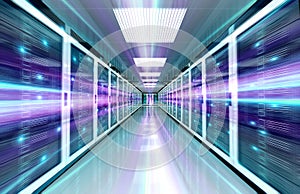 Servers data center room with bright speed light through the corridor 3D rendering
