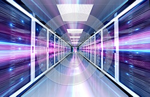 Servers data center room with bright speed light through the corridor 3D rendering