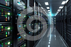 Servers in data center room with high-density storage systems. 3D rendering of computer network infrastructure. Racks with