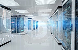 Servers data center room with storage systems and digital graphs and charts 3D rendering