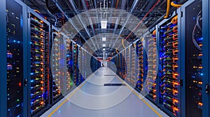 Servers and Data Centers: Rows of servers, secure data centers, and network cables.