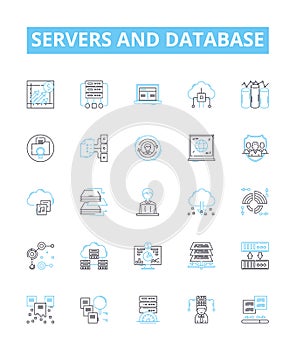 Servers and database vector line icons set. Servers, Databases, SQL, MySQL, PostgreSQL, Oracle, Microsoft SQL Server