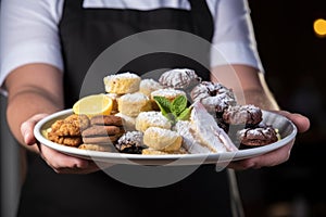 servers hand presenting a platter filled with fried oreos