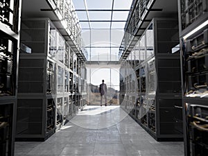 Servers and hardware room with notebook and coffee cup computer technology closeup photo