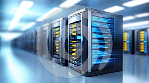 Servers in a modern data center, exploring the infrastructure of cloud computing and network technology