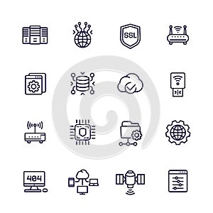 Servers, network and hosting line icons set