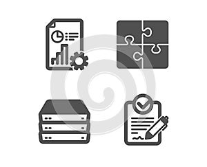 Servers, Report and Puzzle icons. Rfp sign. Big data, Presentation document, Engineering strategy. Vector