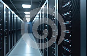 Servers rows in big datacenter. Web hosting, cloud service, hardware support. Computer equipment, rack server datum. Modern