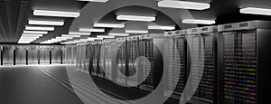 Servers. Server room data center. Backup, hosting, mainframe, farm and computer rack with storage information. 3d render