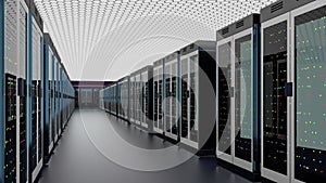 Servers. Server room data center. Backup, hosting, mainframe, farm and computer rack with storage information. 3d render