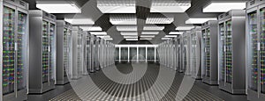 Servers. Server room data center. Backup, hosting, mainframe, farm and computer rack with storage information. 3d render