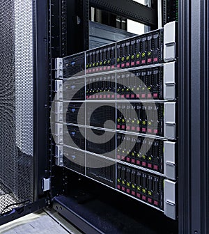 Servers stack with hard drives in datacenter for backup and data storage