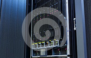 Servers stack with hard drives in datacenter for backup and data storage