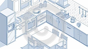 Servette table, oven, range hood, refrigerator, pots and utensils. Kitchen isometric landing page. 3D modern line art