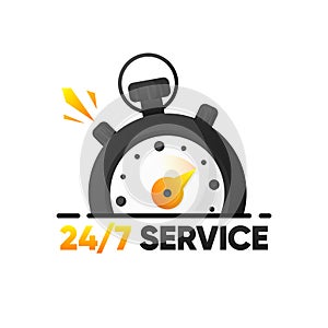 Service 24 to 7. Service banner 24 hours a day and 7 days a week. Help support concept with stopwatch. Modern design