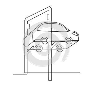 Service car. Car on lift. Bottom view. Continuous line drawing illustration