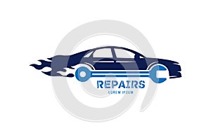 Service car logo. Vector template made in the form of an automobile silhouette with key and fire