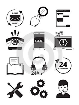 Service center black icons. Tech 24h support customer web chat help admin headset phone manager assistance people vector