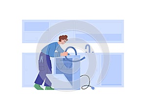 Service center repairman repairing dishwasher flat vector illustration isolated.