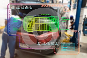 The service center shows an X-ray charging car. Electric car with a battery