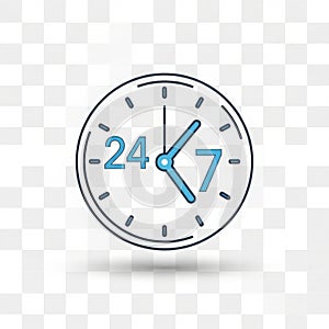 24 7 service clock icon, continuous customer support symbol