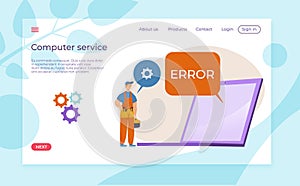 Service for computer maintenance, website page, vector illustration, flat tiny man character support technology screen