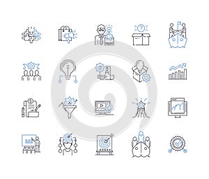 Service delivery line icons collection. Efficiency, Quality, Timeliness, Responsiveness, Reliability, Effectiveness