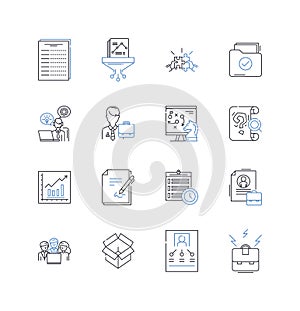 Service delivery line icons collection. Efficiency, Responsiveness, Quality, Timeliness, Accountability, Accessibility