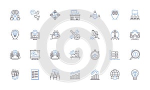 Service delivery line icons collection. Efficiency, Timeliness, Responsiveness, Reliability, Quality, Consistency