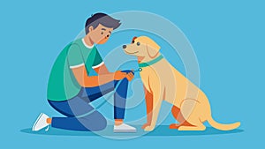 A service dog pressing its head against its owners leg using pressure therapy to help alleviate their anxiety.. Vector photo