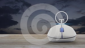 Service fix car with wrench tool flat icon with wireless computer mouse on wooden table over sunset sky, Business customer service