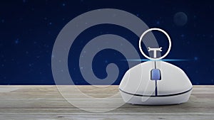 Service fix car with wrench tool icon with wireless computer mouse on wooden table over fantasy night sky and moon, Business