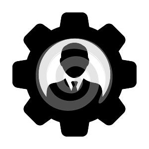 Service icon vector male user person profile avatar with gear cogwheel for settings and configuration in flat color glyph