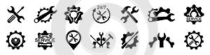 Service icons set. Wrench, hammer, screwdriver and gear icon. Auto logo services. Service sign, settings and repair - vector photo