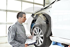 Service and inspection of a car in a workshop - mechanic inspect