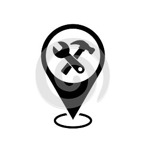 service location map pointer, wrench and hammer icon with location pin, black symbol isolated on white background