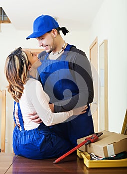 Service man and woman having flirt