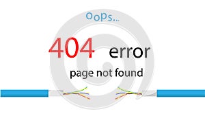 Service message on the site. Error 404 - Page not found. Illustration of a damaged cable. Vector.