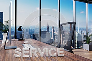 Service; office chair in front of modern workspace with computer and skyline view; helpdesk support concept; 3D Illustration