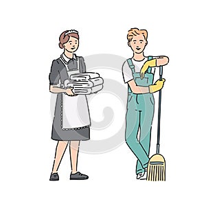Service personnel maid woman and janitor man in professional uniform. Vector illustration in line art style isolated on