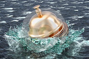 Service problem concept, reception bell drowning in the sea. 3D