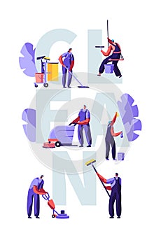 Service of Professional Cleaners Work Concept. Characters in Uniform with Cleaning Equipment, Mopping, Vacuuming Floor, Rub