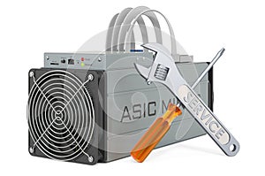 Service and repair of ASIC for bitcoin miner, 3D rendering