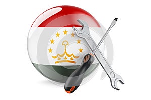 Service and repair in Tajikistan concept. Screwdriver and wrench with Tajik flag, 3D rendering