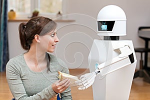 Service robot is giving a sandwich