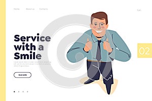 Service with smile concept of landing page with happy businessman looking up and showing thumb up