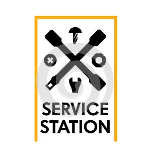 Service Station Banner with Instruments. Car Repair Poster, Tire Mounting. Auto Mechanic Center with Vehicle Parts