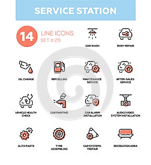 Service station - modern vector single line icons set