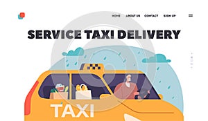 Service Taxi Delivery Landing Page Template. Driver Deliver Grocery by Taxi Car, Yellow Taxicab, Automobile Taxi Service