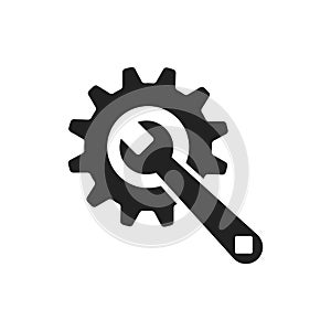 Service tools flat vector icon. Cogwheel with wrench symbol logo